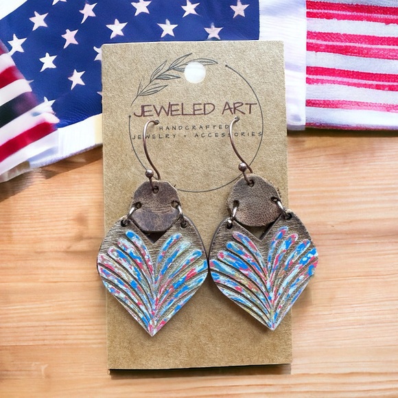 JEWELED ART Hand Painted Firework Wood Earrings Rustic Farmhouse Leather USA - Picture 2 of 4